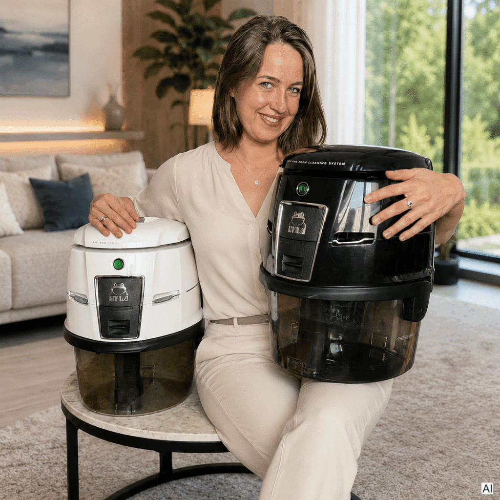 Dana Schneider präsentiert den weißen und den schwarzen HYLA in einem hellen Wohnzimmer