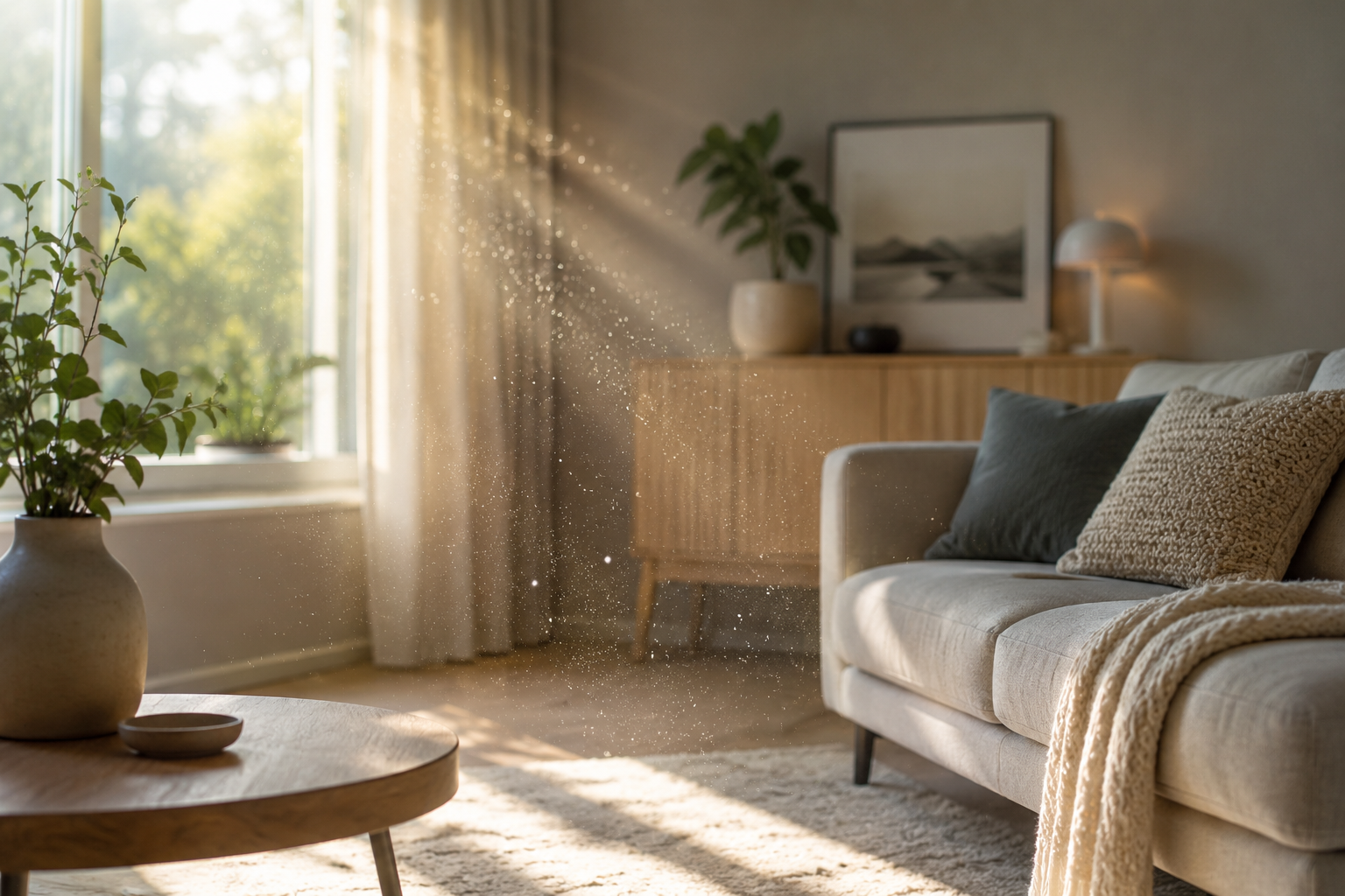 Sonnenlicht macht Staubpartikel in der Raumluft eines Wohnzimmers sichtbar