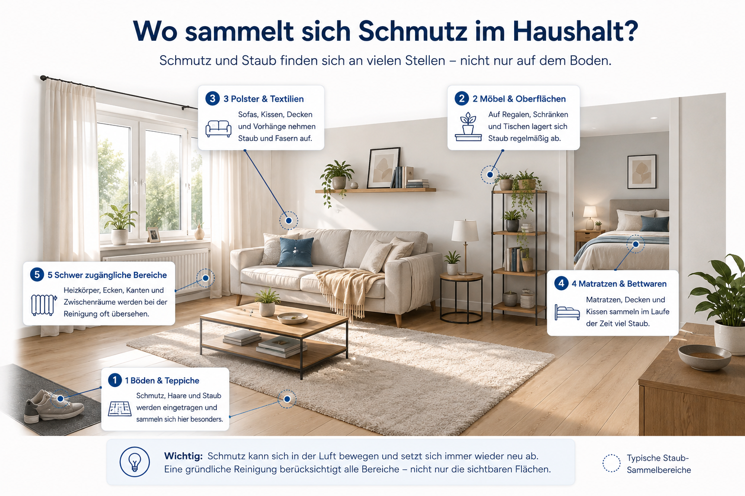 Schmutz und Staub können sich an vielen Stellen im Haushalt sammeln – nicht nur auf dem Boden.