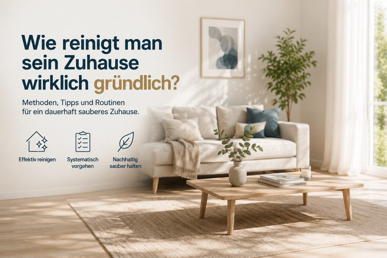 Sonnenlicht scheint in ein helles, modern eingerichtetes Wohnzimmer